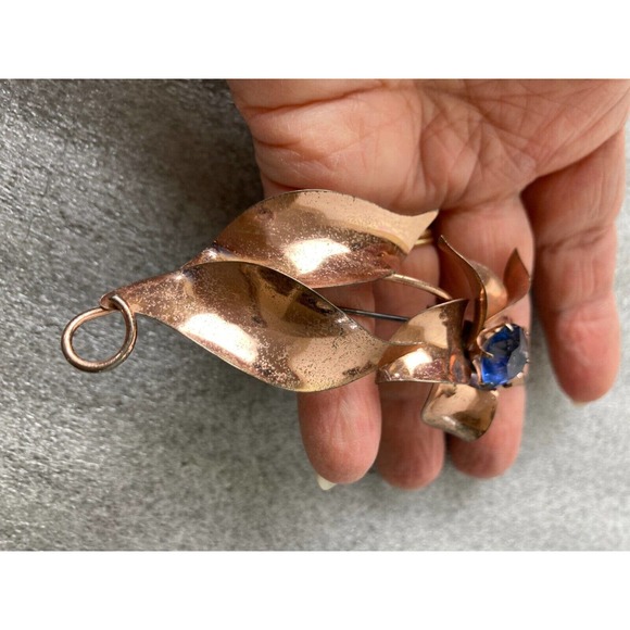 Vintage Sterling by Jordan Gold Blue Rhinestone Floral Brooch Pin Mid Century - Picture 6 of 7